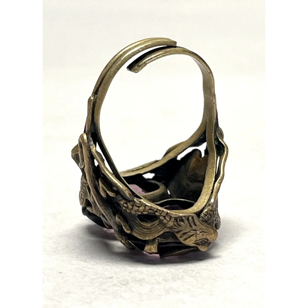 OOAK Vintage Dragon Lizard Adjustable Ring Bronze Purple Faceted Glass Size 6.5